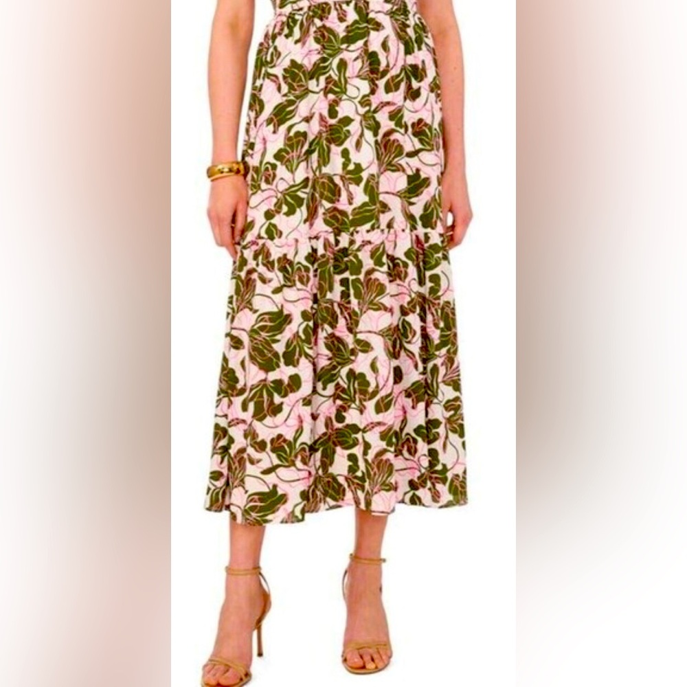 Parker Floral Tiered Midi Skirt Egret White Green Pink Size 2 Whimsy Color Pop